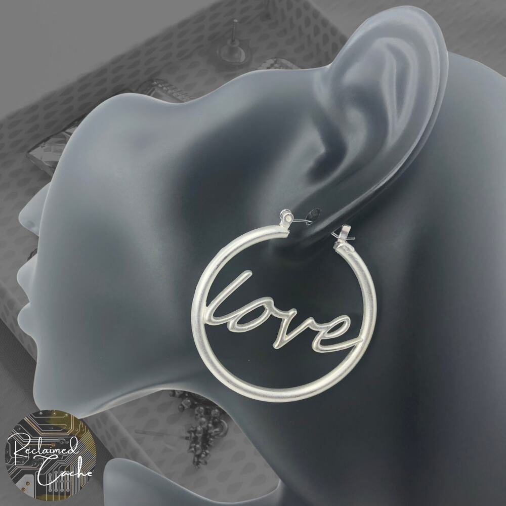 Matte Silver Love Hoop Earrings